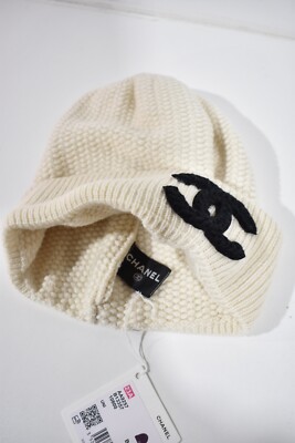 Chanel 23A Ivory Knit Cashmere Black CC Logo Fold Over Beanie