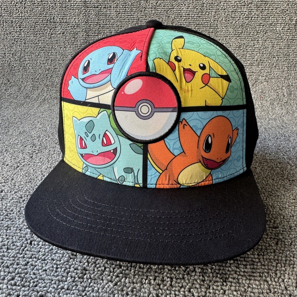 Pokemon Starter Characters Snapback Hat Black Flat Brim One Size Cap