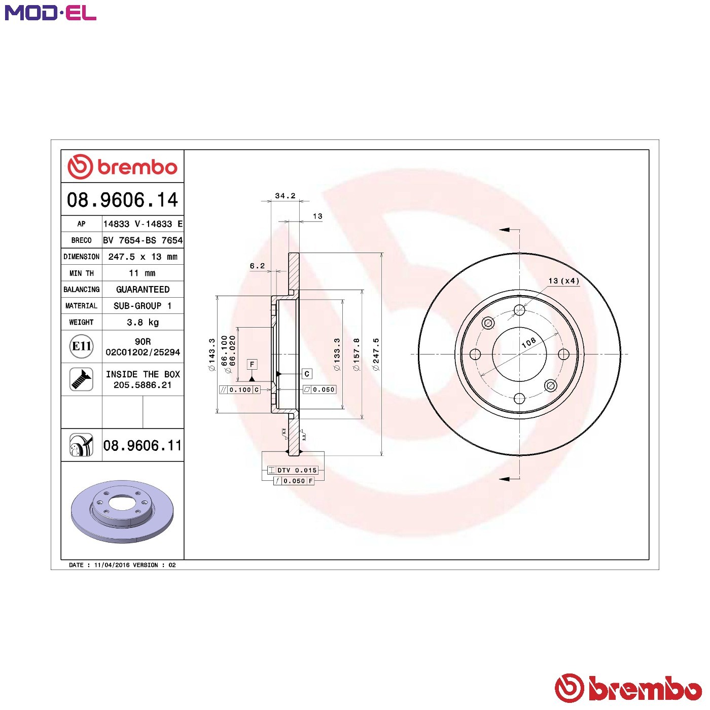 2x BRAKE DISC 08.9606.11 FOR PEUGEOT 206+ 306/Hatchback KFW /KFV /KDX8HR 1.4L