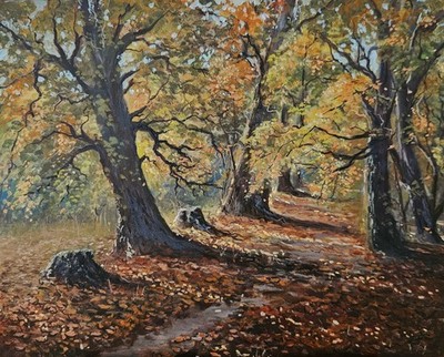 HERBSTWALD Romantik Ölbild NEU Natur Unikat handgemalt  + Rahmen 24x30 cm