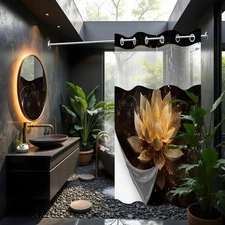 Lotus Hookless Shower Curtain with Snap in Liner, Black and Gold Spa Zen Spir...