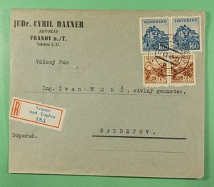 DR WHO 1943 SLOVAKIA REGISTERED VRANOV TO BARDEJOV R46023