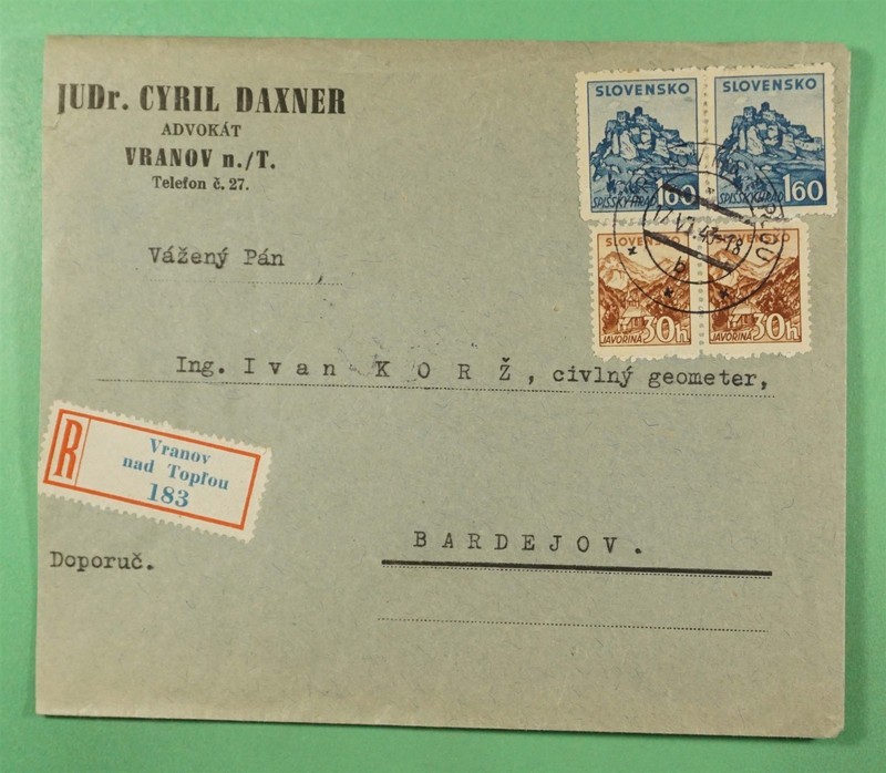 DR WHO 1943 SLOVAKIA REGISTERED VRANOV TO BARDEJOV R46023
