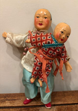 Vintage Chinese Mother Carrying A Baby Composition Porcelain & Fabric Dolls