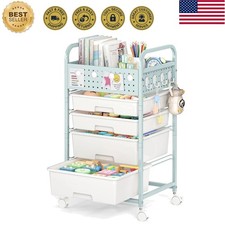 4 Drawer Rolling Storage Cart with Pegboard Top and Hooks, Mobile Organizer C...
