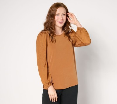 Susan Graver Women's Top Sz S Liquid Knit With Textured Woven Brown A667479