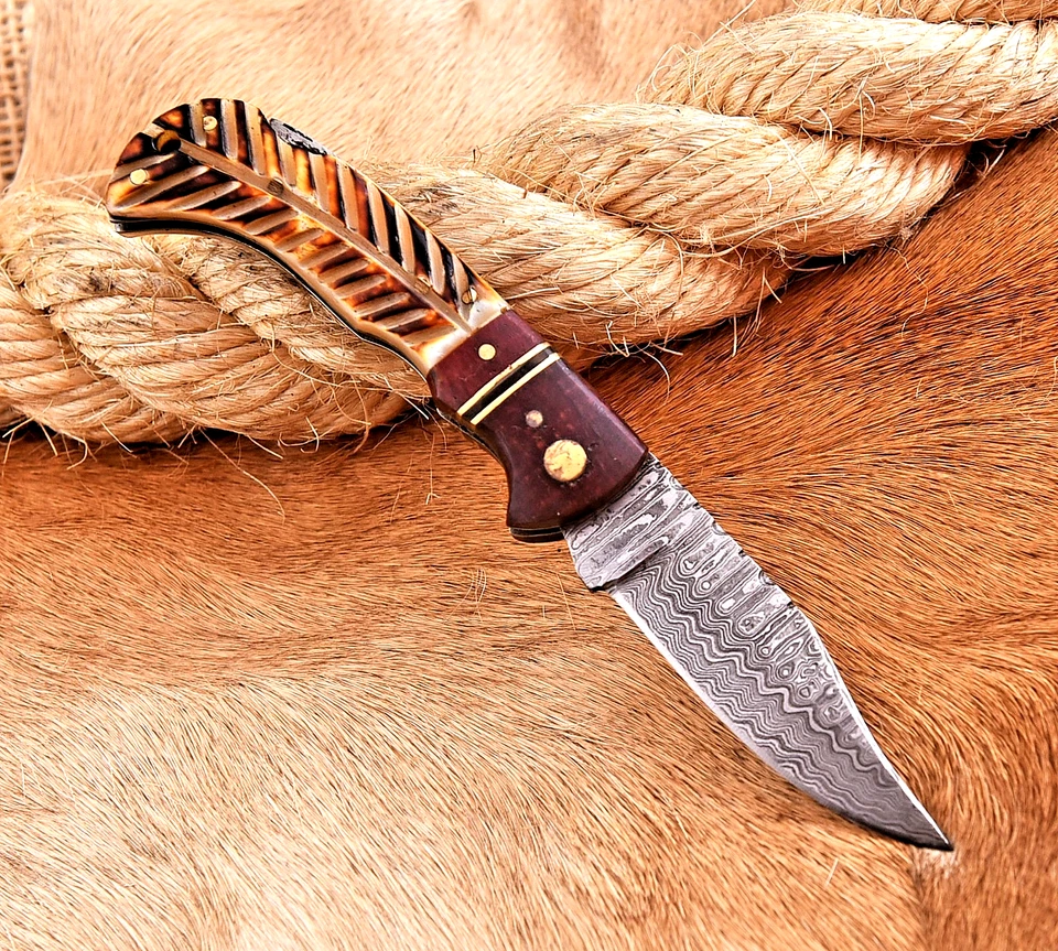 ИЗГОТОВЛЕННЫЙ НА ЗАКАЗ КОВАНЫЙ СКЛАДНОЙ КАРМАННЫЙ НОЖ ИЗ ДАМАССКОЙ СТАЛИ EDC HH 173 - Изображение 2 из 4