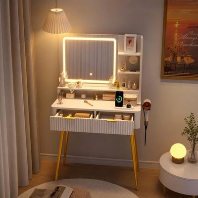 31in Vanity Desk LED Mirror, 3 Modes, 2 Drawers & Power Outlet for Bedroom Dorm