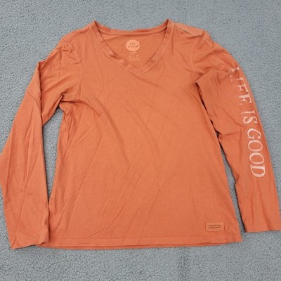Life Is Good Shirt Womens Small Orange V-Neck Logo Graphic Top Long Sleeve