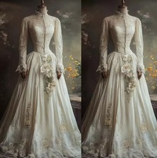 Vintage Medieval Wedding Long Sleeves High Neck Lace Bridal Gowns Lace Appliques