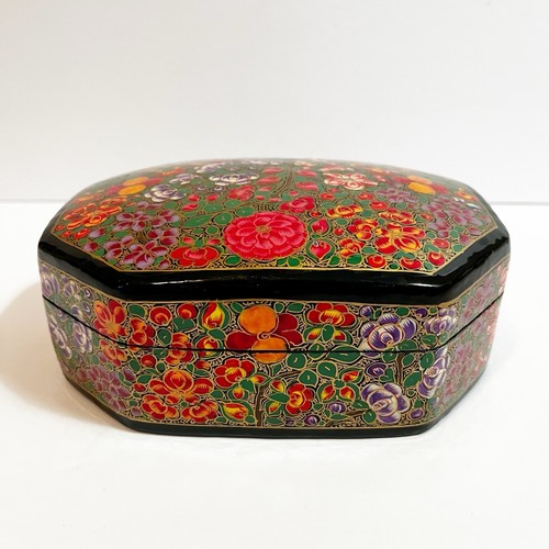 Kaschmir Pappmaché Schmuckkästchen Indien Handarbeit Lack Floral Samt gefüttert - Bild 3 von 13