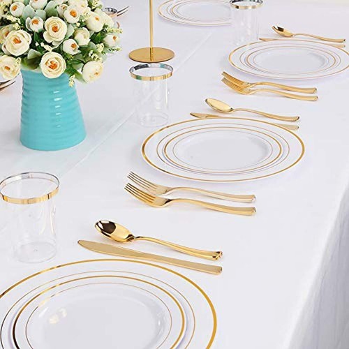 Gold Dessert/Salad Plates White with Gold Rim - Plastic Forks Included - 144 PCS - Picture 5 of 6