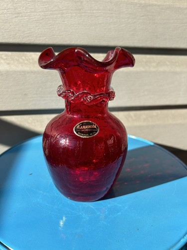 Vintage MCM Kanawha Red Crackle Art Glass Vase Crimped Rim Glows 6.5" Retro