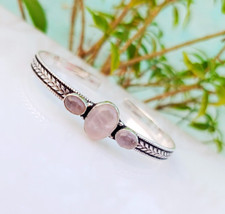 Rose Quartz Bangle 925 Sterling Silver Adjustable Handmade Cuff Bracelet Jewelry