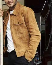 Men's Tan suede Leather Trucker shirt - Real Lambskin Suede shirt jacket-508