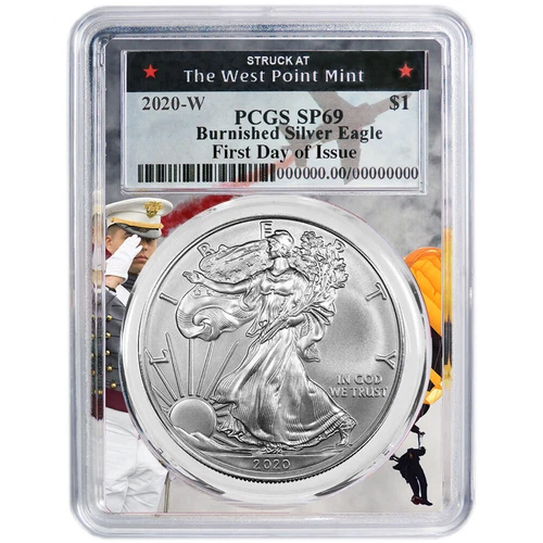 2020-W Burnished $1 American Silver Eagle PCGS SP69 FDOI West Point Frame