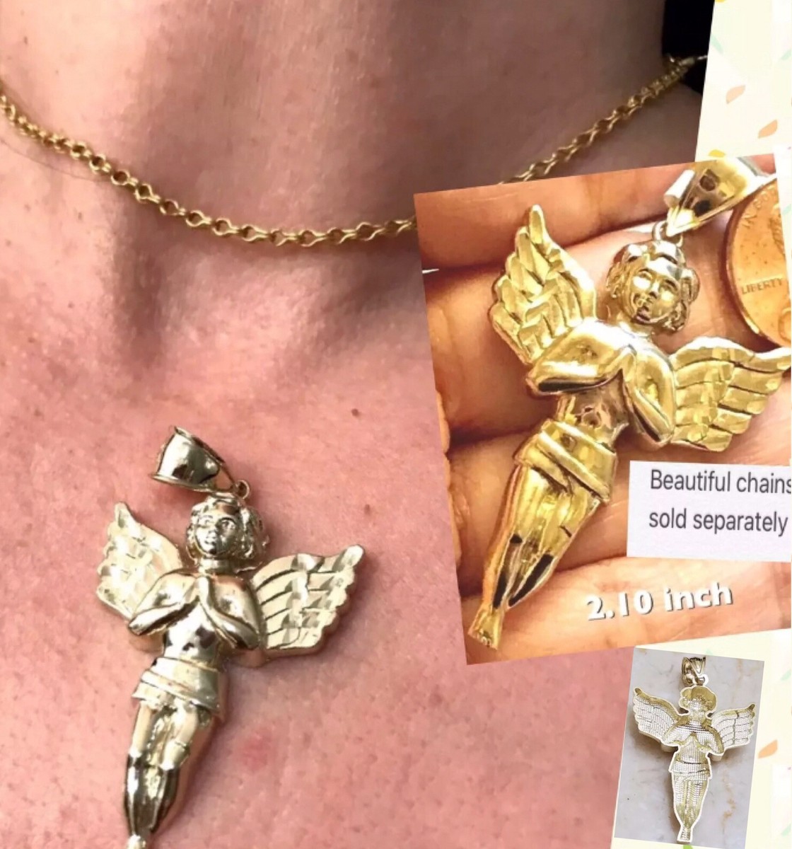 GoLD Angel pendant 10K REAL Yellow Charm Necklace gift BIG