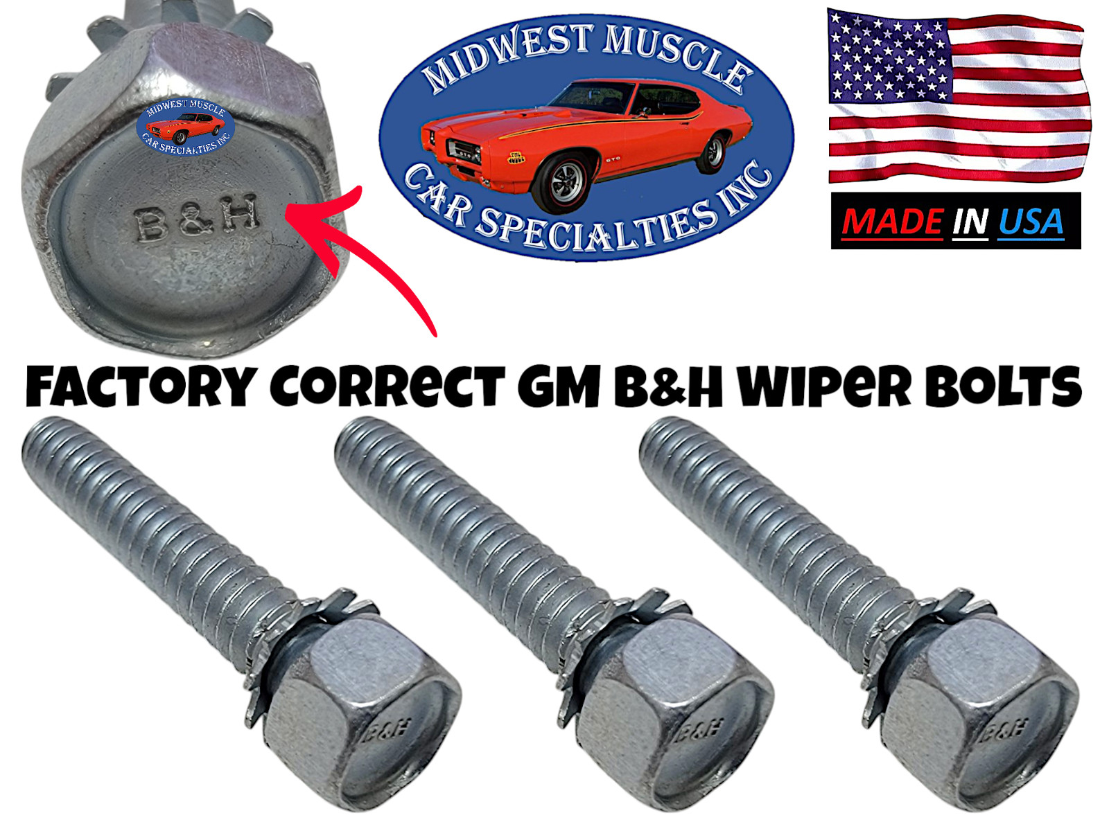 3 GM NOS Windshield Washer Wiper Motor Bolts With Correct Head Marking Stamp B&H