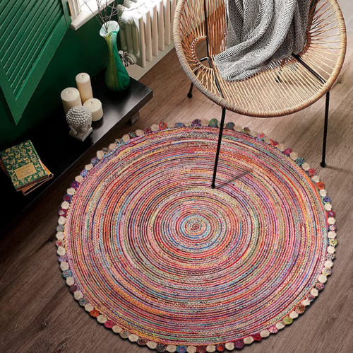 Rug Jute & Cotton Handmade Reversible Round Area Carpet Rustic Look ...