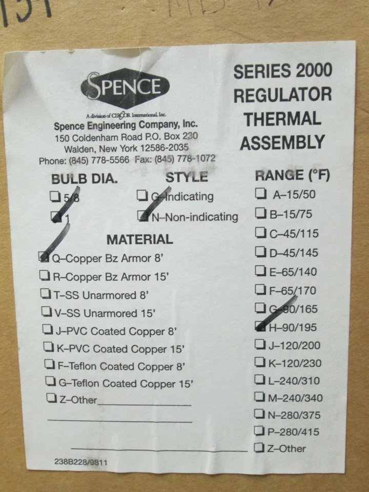 Spence Series 2000 Regulator Thermal Assembly Bulb Dia: 1" (NIB) - Image 2 of 4
