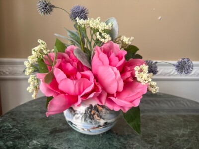 Artificial Green Grass Succulent Planter W/Purple Roses in a Jing De Zhen Bowl