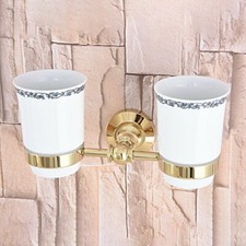 Gold Color Brass Wall Mounted Bathroom Dual Cup Toothbrush Holder eba316