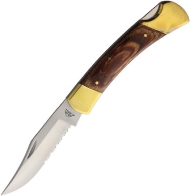 Classic 5'' Lockback Pocket Knife w/ Oak Handles & Serrated Blade - 110