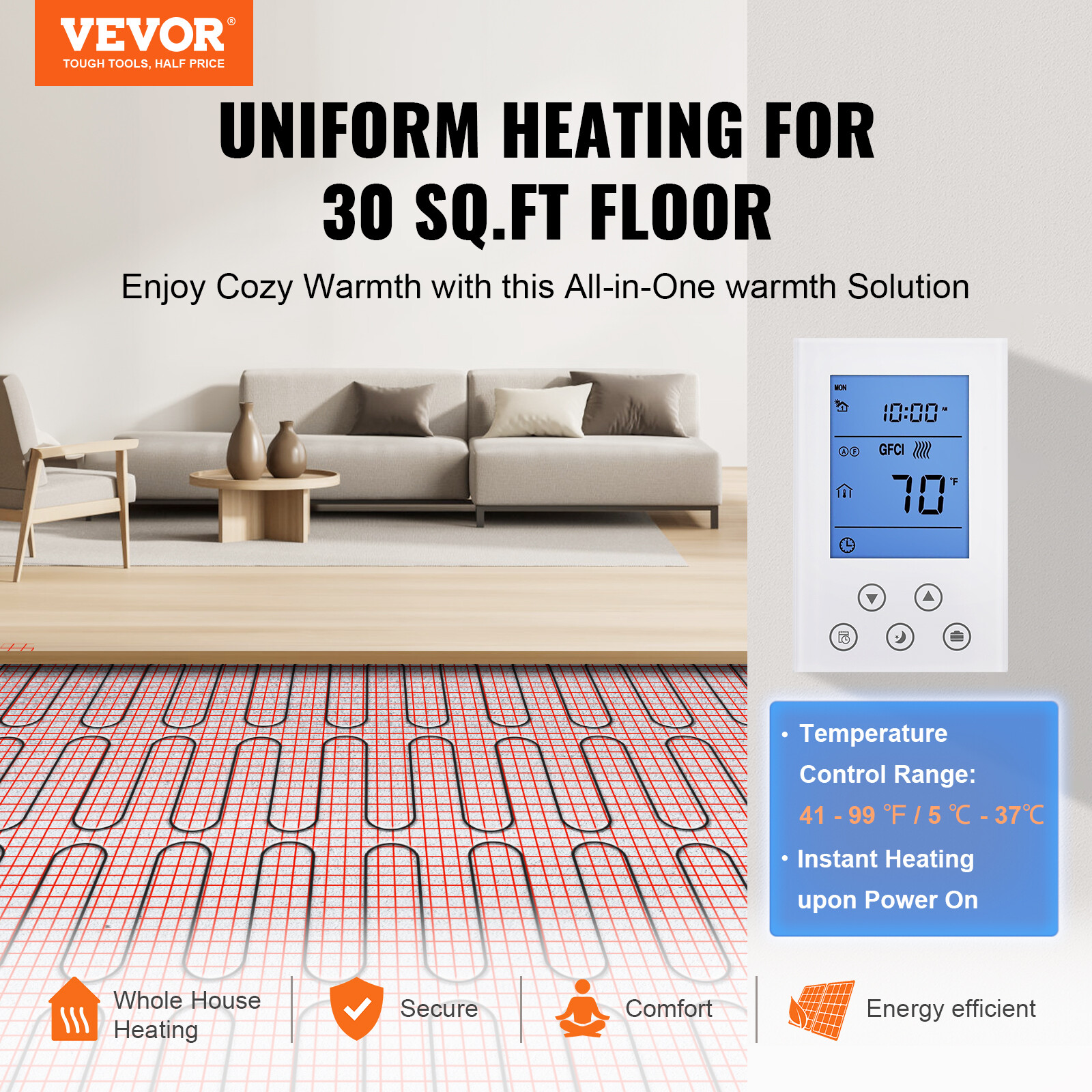VEVOR 30sqft Electric Radiant Floor Heat System Floor Heat Mat with