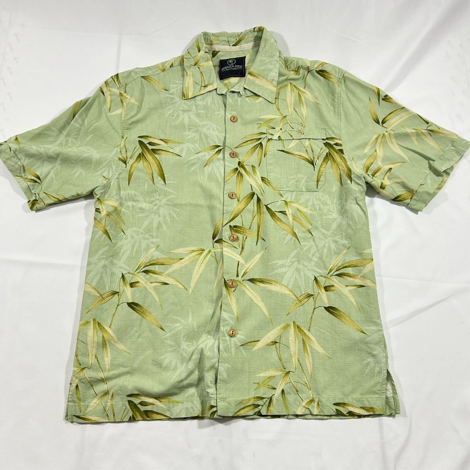 Jamaica Jaxx Mens L Green Bamboo Print Silk Blend Button Shirt Short Sleeve A313