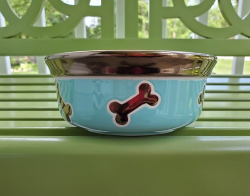 Aqua Blue Metallic Bronze Dog Bone Rimmed Food Dish Water Bowl Ceramic Stoneware - Picture 7 of 8