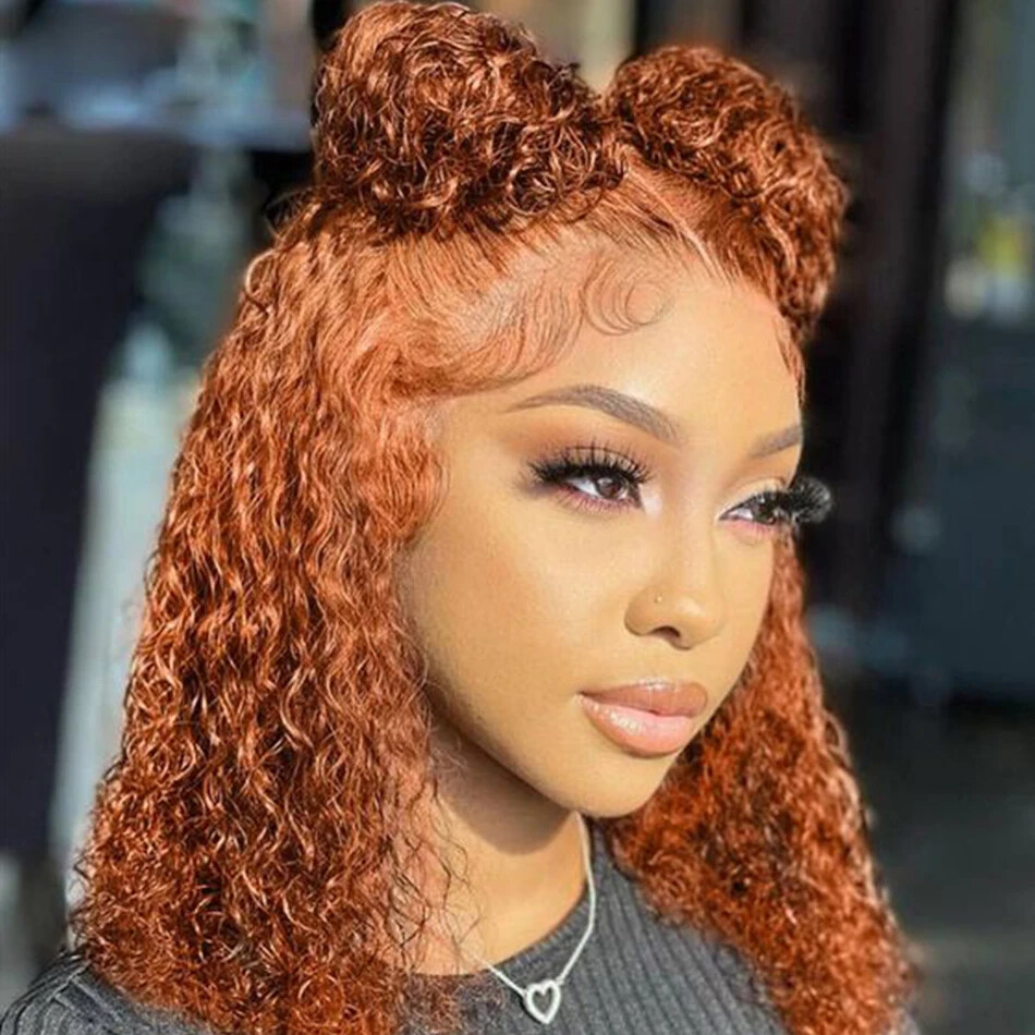 Ginger Orange Short Curly Human Hair Lace Front Wig Transparent Remy