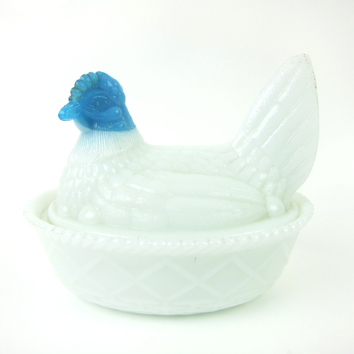 Vintage Westmoreland Milchglas Huhn Henne auf Korb blauer Kopf Schüssel mit Deckel