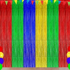 Foil Fringe Tinsel Curtain Backdrop Blue Red Green Yellow Streamers 3 Pack