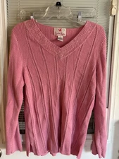 Quacker Factory Sweater Vneck Pink Embellished Beads Ribbed Knot Sz M