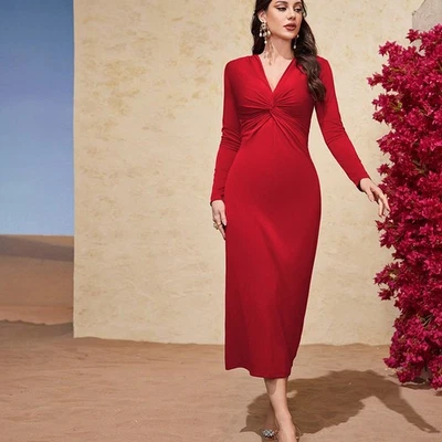 2026 Red High-Waist V-Neck Long-Sleeve Midi Dress in Premium Knit Milk Silk - Image 1 of 4