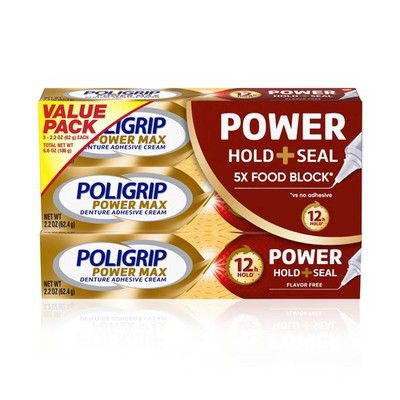Poligrip Power Max Power Hold + Seal Denture Cream, Flavor Free - 3 x 2.2 oz