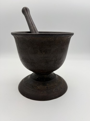 Antique Cast Iron Pedestal Apothecary Mortar and Pestle 8lbs 6"