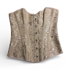 Beige Jacquard Brocade Overbust Corset Lace Up Floral Strapless Boned