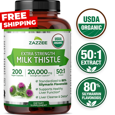 #ad Zazzee Organic Milk Thistle Extract 20000 mg Strength 200 Vegan Capsules $42.19