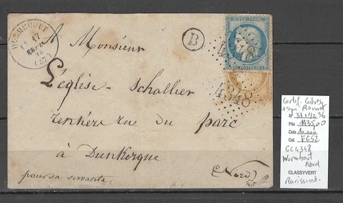 France - No. 36 10c cut in half + No. 37 20c blue to make 25cts