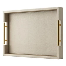 Champagne Faux Leather Serving Tray with Handles,17x12 inches, Large Decorati...