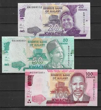 Malawi 20 50 100 Kwacha Uncirculated Banknotes .3 Bankotes.