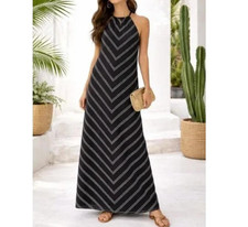 J Crew Black Chevron Linen Maxi Dress Size 0 Neutral Minimalist Resort Cruise