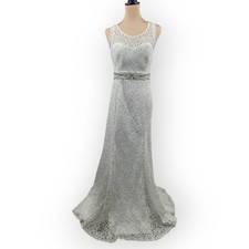 Sequin Hearts White Beaded Embellished Lace Open Back Prom Wedding Dress Size 13