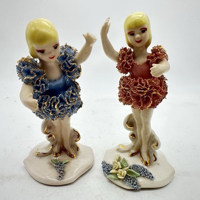 Vintage Porcelain Lace Ballerina Set of Two Figurines Signed E R Butler 50s