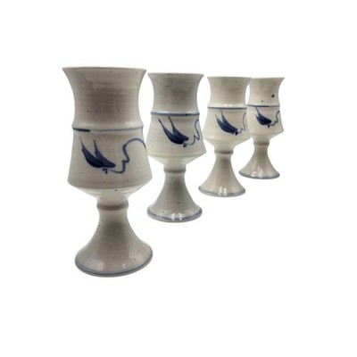 VTG De Veth Cairns Studio Australia Beige Blue Leaf Set of 4 8oz Pottery Goblets