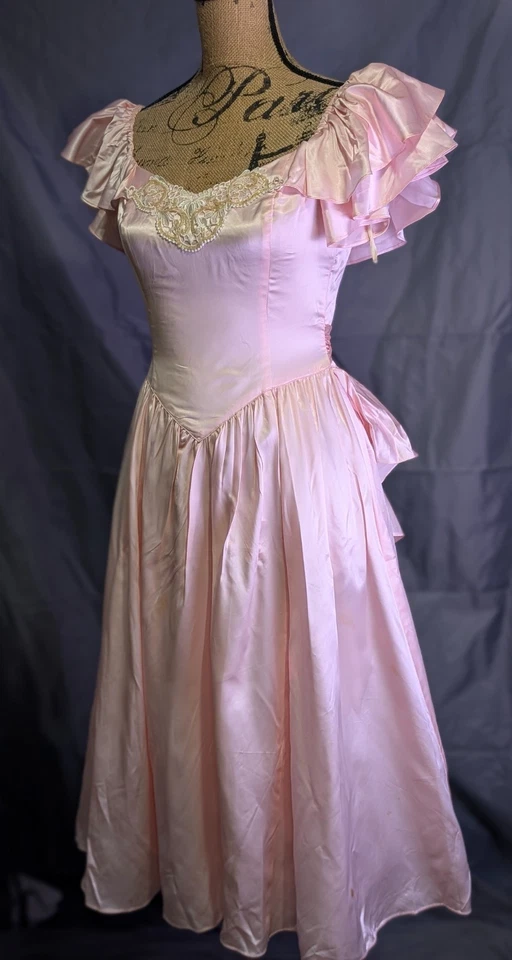 Винтажный Gunne Sax платье 80-х розовый атлас кружева с плеча оборки выпускного вечера вечеринки 7 8 - Изображение 3 из 4