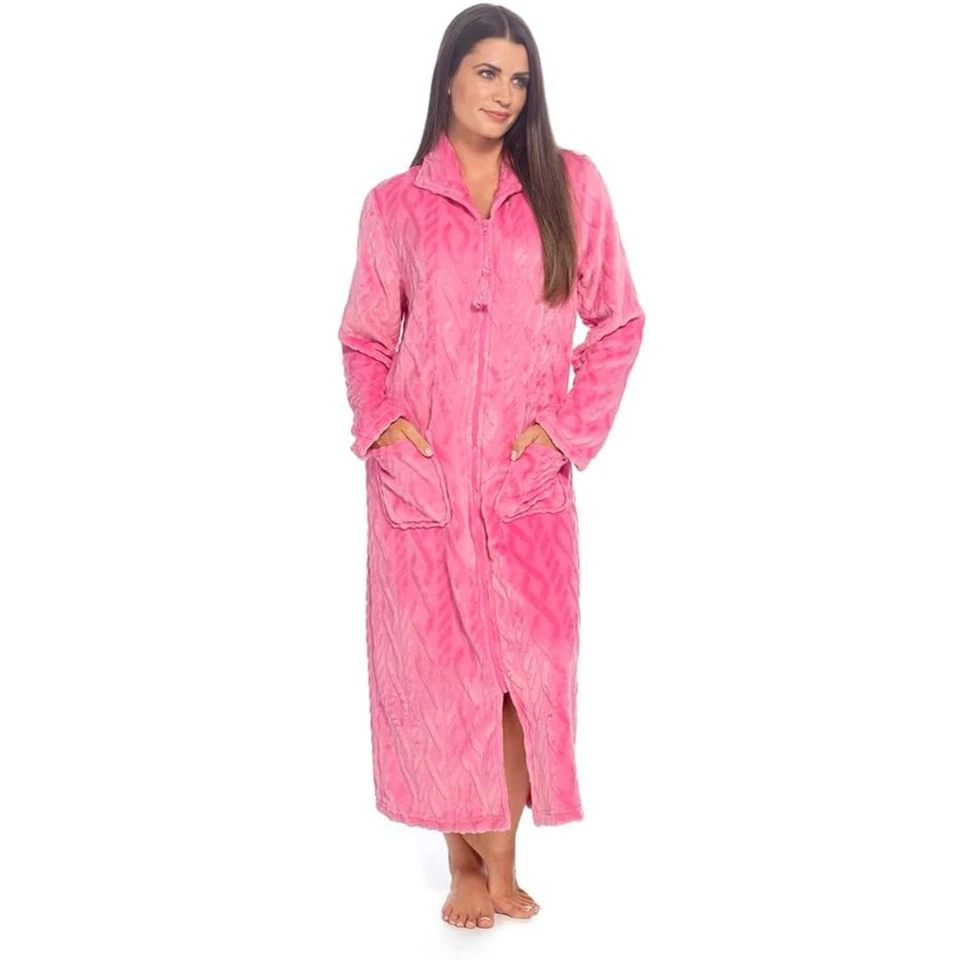 Women Robes Flannel Fleece Dress Gown with Tassle Zip & Front Pockets Nightwear - Image 3 of 4