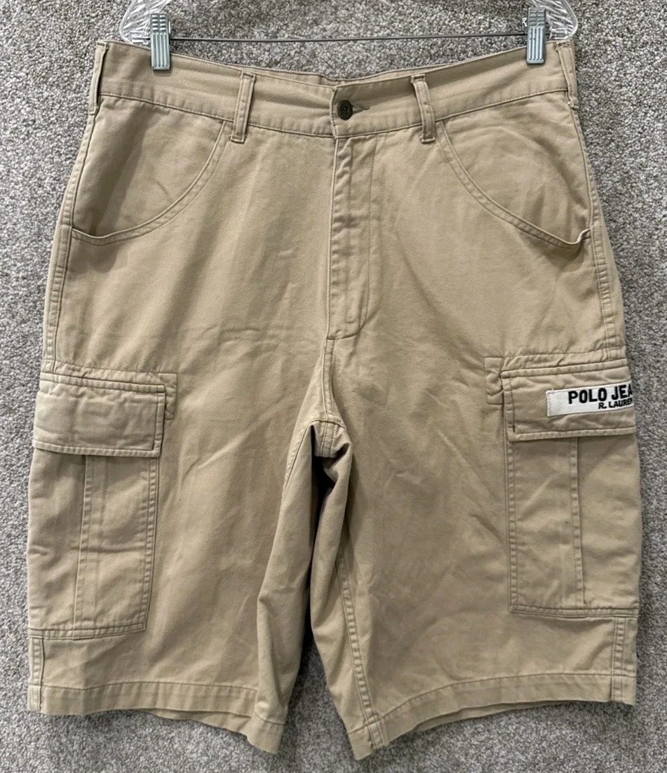 Polo Jeans Ralph Lauren Mens 33 34 Beige Canvas Cargo Shorts 13" Inseam Skater