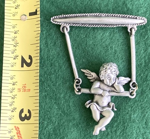 JJ Cherub Angel Jonette Swinging Vintage Swing SIGNED brooch Pin Silver Tone - Picture 7 of 8